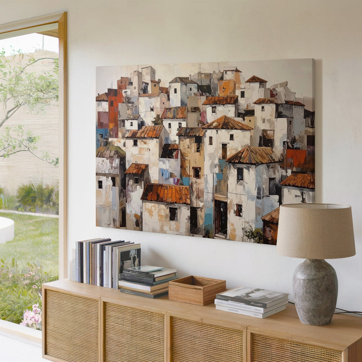 Whimsical Hilltop Village Canvas – Naïve Style Mediterranean Town Art - Gifitto