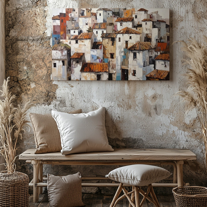 Whimsical Hilltop Village Canvas – Naïve Style Mediterranean Town Art - Gifitto