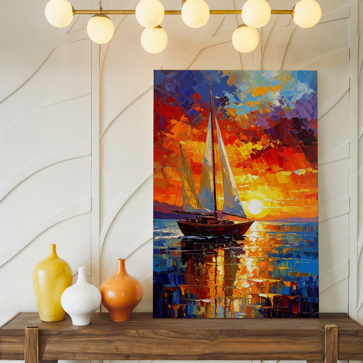 Sunset Sailboat Canvas – Impressionist Painting of Calm Sea and Vibrant Sky - Gifitto