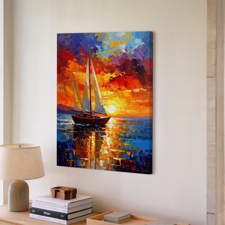 Sunset Sailboat Canvas – Impressionist Painting of Calm Sea and Vibrant Sky - Gifitto
