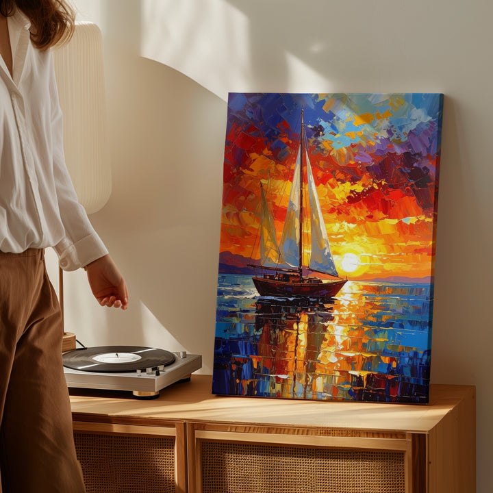 Sunset Sailboat Canvas – Impressionist Painting of Calm Sea and Vibrant Sky - Gifitto