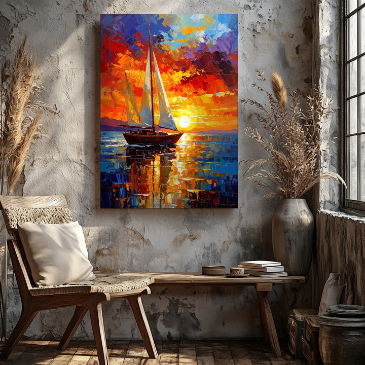 Sunset Sailboat Canvas – Impressionist Painting of Calm Sea and Vibrant Sky - Gifitto