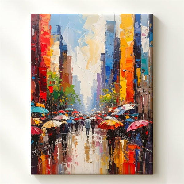 Vibrant Urban Street Canvas – Expressive Rainy City Scene with Umbrellas - Gifitto