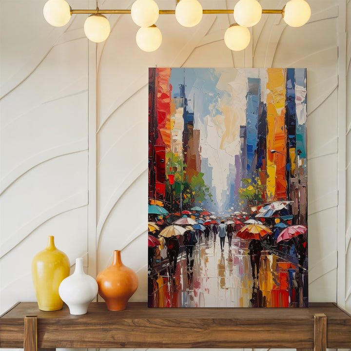 Vibrant Urban Street Canvas – Expressive Rainy City Scene with Umbrellas - Gifitto