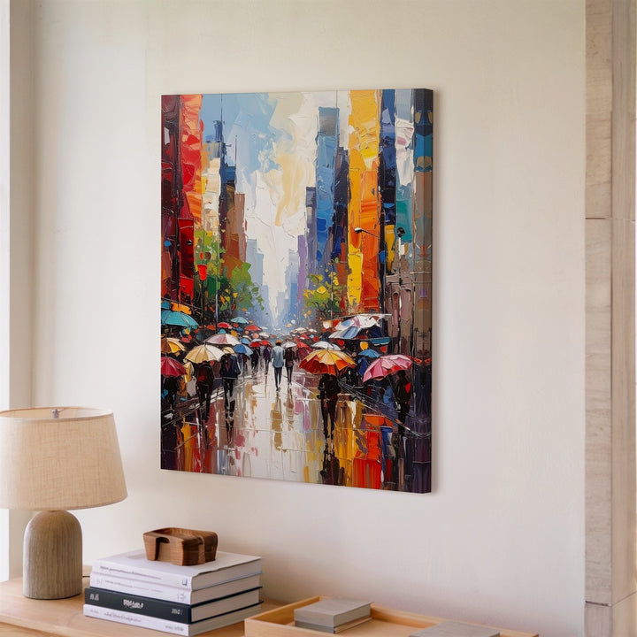 Vibrant Urban Street Canvas – Expressive Rainy City Scene with Umbrellas - Gifitto