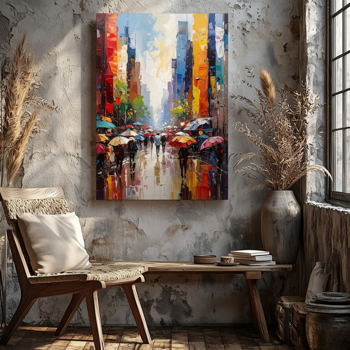 Vibrant Urban Street Canvas – Expressive Rainy City Scene with Umbrellas - Gifitto