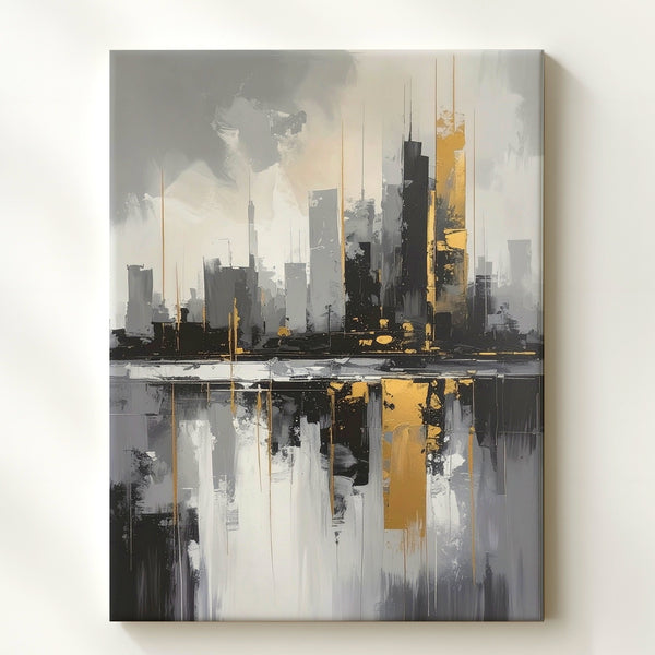 Monochromatic Cityscape Canvas – Abstract Futuristic Skyline with Gold Accents - Gifitto
