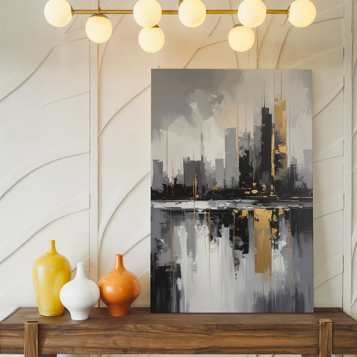 Monochromatic Cityscape Canvas – Abstract Futuristic Skyline with Gold Accents - Gifitto