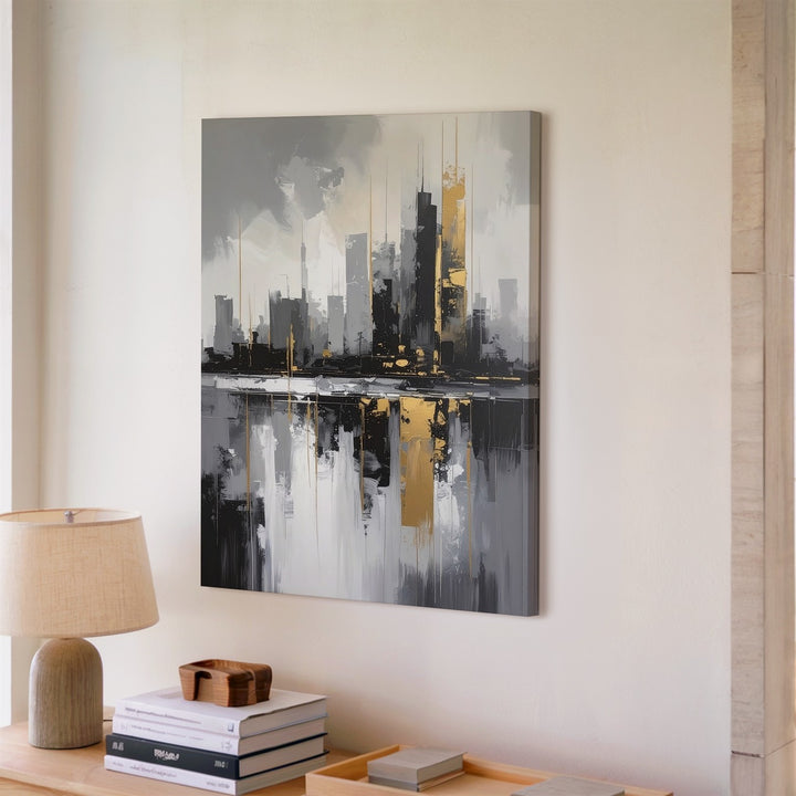 Monochromatic Cityscape Canvas – Abstract Futuristic Skyline with Gold Accents - Gifitto