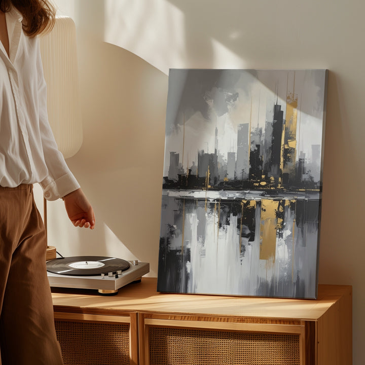 Monochromatic Cityscape Canvas – Abstract Futuristic Skyline with Gold Accents - Gifitto