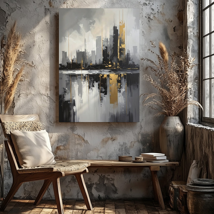 Monochromatic Cityscape Canvas – Abstract Futuristic Skyline with Gold Accents - Gifitto