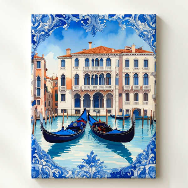 Venice Gondola Canvas – Blue-and-White Ceramic Tile Inspired Artwork - Gifitto