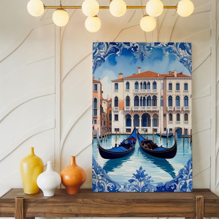 Venice Gondola Canvas – Blue-and-White Ceramic Tile Inspired Artwork - Gifitto