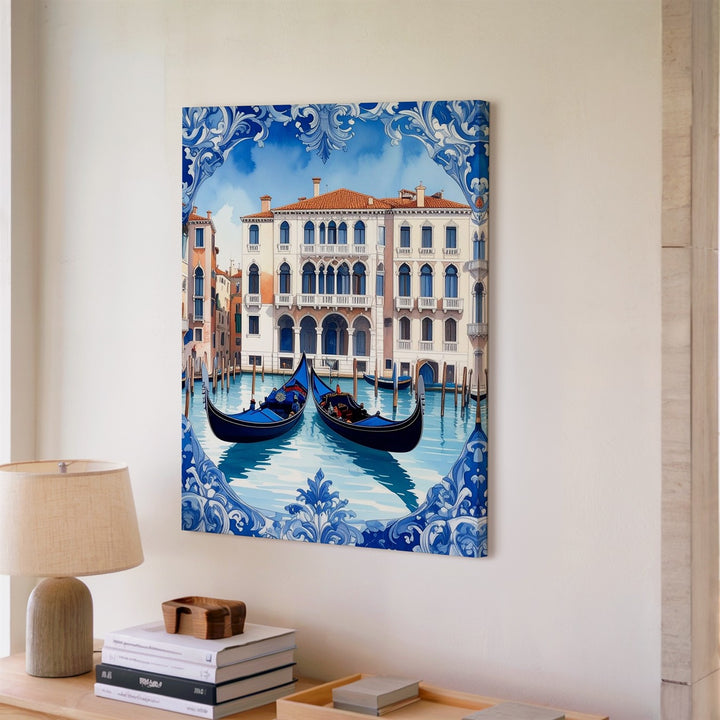 Venice Gondola Canvas – Blue-and-White Ceramic Tile Inspired Artwork - Gifitto