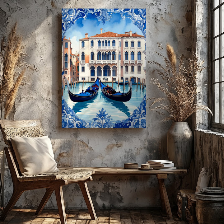 Venice Gondola Canvas – Blue-and-White Ceramic Tile Inspired Artwork - Gifitto