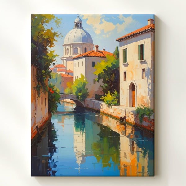 European Canal Scene Canvas – Serene Oil Painting of Stone Buildings and Reflections - Gifitto
