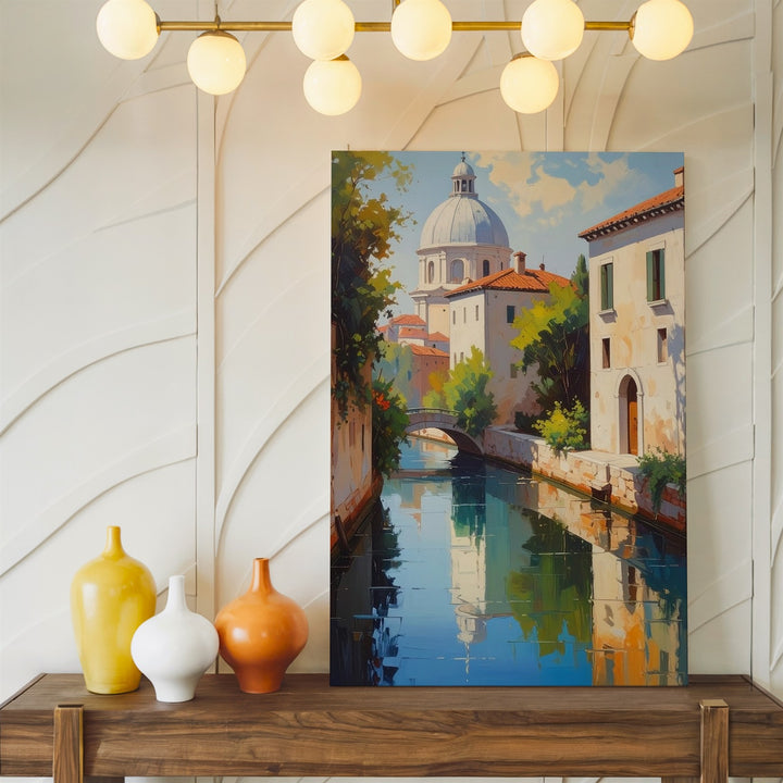 European Canal Scene Canvas – Serene Oil Painting of Stone Buildings and Reflections - Gifitto