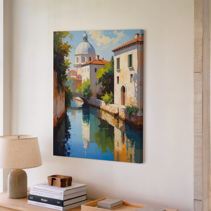 European Canal Scene Canvas – Serene Oil Painting of Stone Buildings and Reflections - Gifitto