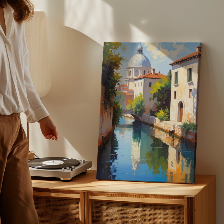 European Canal Scene Canvas – Serene Oil Painting of Stone Buildings and Reflections - Gifitto