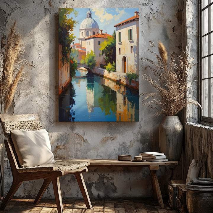 European Canal Scene Canvas – Serene Oil Painting of Stone Buildings and Reflections - Gifitto