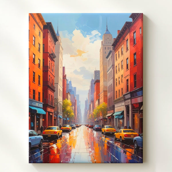 Stylized City Street Canvas – Vibrant Urban Scene with Wet Pavement and Yellow Taxis - Gifitto