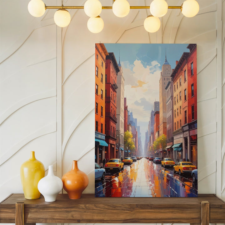 Stylized City Street Canvas – Vibrant Urban Scene with Wet Pavement and Yellow Taxis - Gifitto