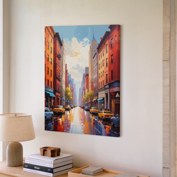 Stylized City Street Canvas – Vibrant Urban Scene with Wet Pavement and Yellow Taxis - Gifitto