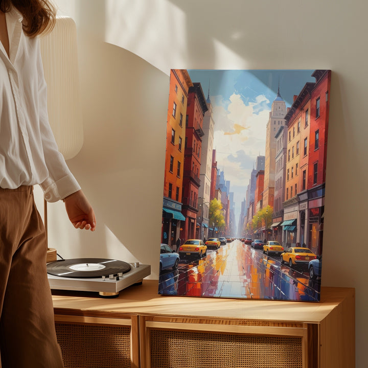 Stylized City Street Canvas – Vibrant Urban Scene with Wet Pavement and Yellow Taxis - Gifitto