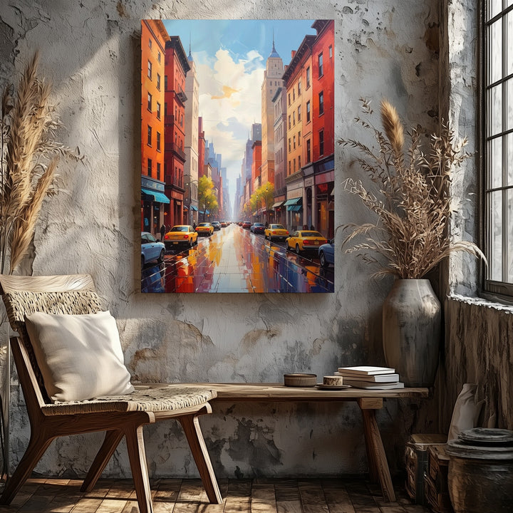 Stylized City Street Canvas – Vibrant Urban Scene with Wet Pavement and Yellow Taxis - Gifitto