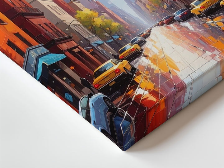 Stylized City Street Canvas – Vibrant Urban Scene with Wet Pavement and Yellow Taxis - Gifitto