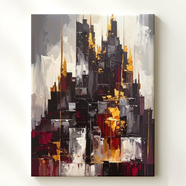 Futuristic Fortress Canvas – Abstract Pyramidic Structure with Golden Spikes - Gifitto