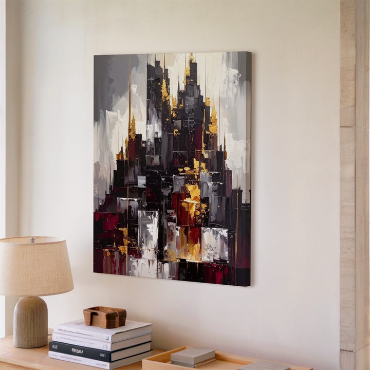 Futuristic Fortress Canvas – Abstract Pyramidic Structure with Golden Spikes - Gifitto