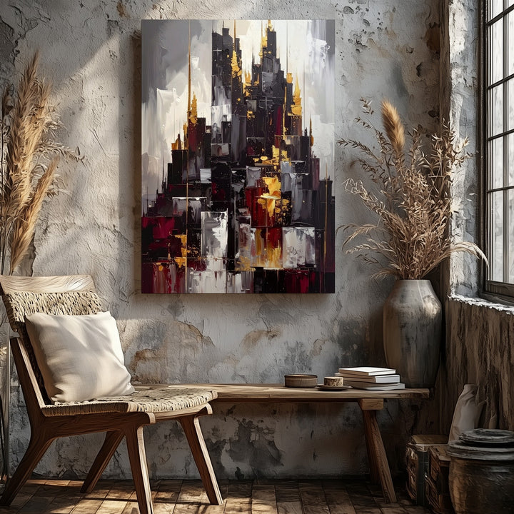 Futuristic Fortress Canvas – Abstract Pyramidic Structure with Golden Spikes - Gifitto