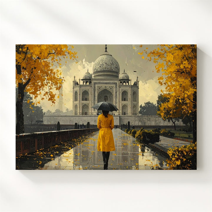 Golden Solitude Taj Mahal Canvas – Selective Color Scene with Yellow Coat - Gifitto