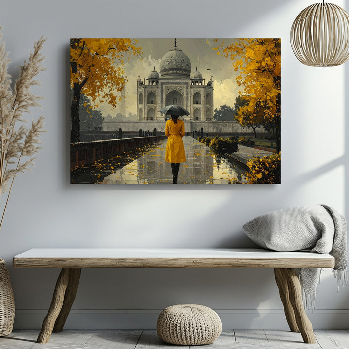 Golden Solitude Taj Mahal Canvas – Selective Color Scene with Yellow Coat - Gifitto