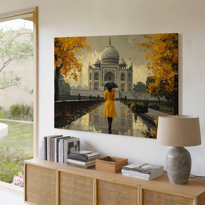 Golden Solitude Taj Mahal Canvas – Selective Color Scene with Yellow Coat - Gifitto