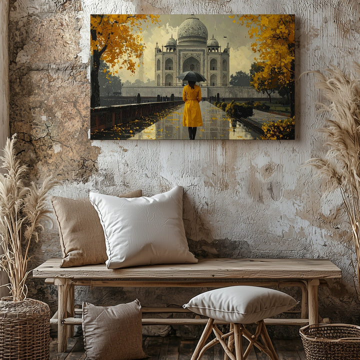 Golden Solitude Taj Mahal Canvas – Selective Color Scene with Yellow Coat - Gifitto