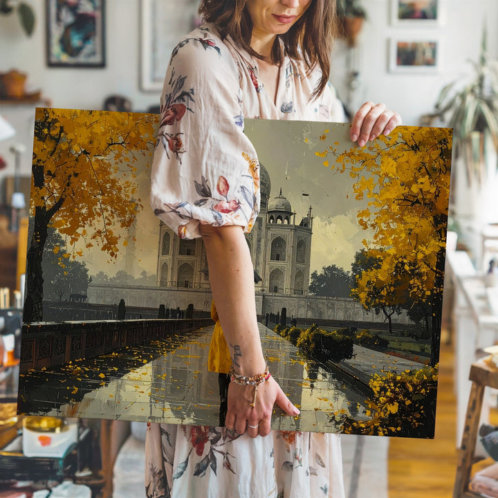 Golden Solitude Taj Mahal Canvas – Selective Color Scene with Yellow Coat - Gifitto