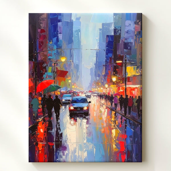 Rainy Urban Street Canvas – Impressionist City Scene with Umbrellas and Streetlights - Gifitto