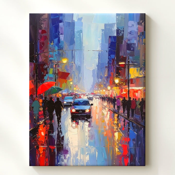 Rainy Urban Street Canvas – Impressionist City Scene with Umbrellas and Streetlights - Gifitto