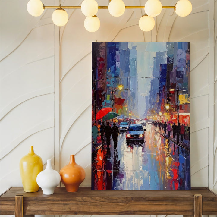 Rainy Urban Street Canvas – Impressionist City Scene with Umbrellas and Streetlights - Gifitto