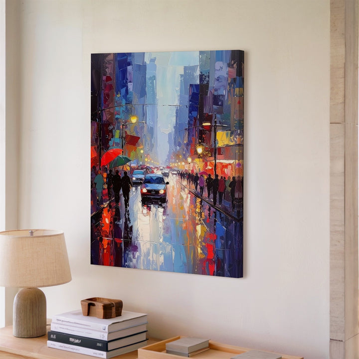 Rainy Urban Street Canvas – Impressionist City Scene with Umbrellas and Streetlights - Gifitto