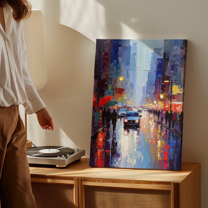Rainy Urban Street Canvas – Impressionist City Scene with Umbrellas and Streetlights - Gifitto
