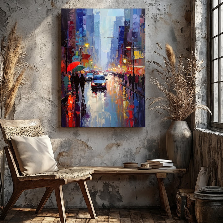 Rainy Urban Street Canvas – Impressionist City Scene with Umbrellas and Streetlights - Gifitto