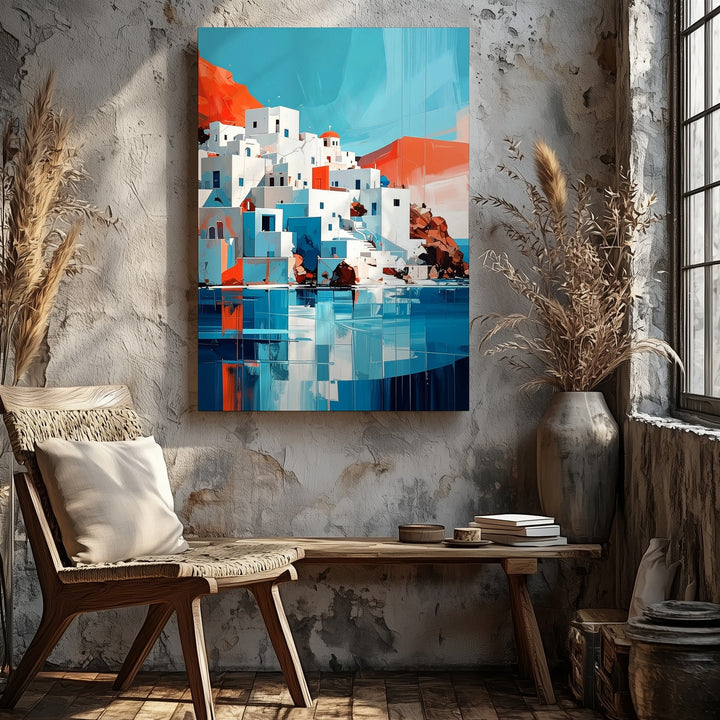 Cycladic-Style Buildings Canvas – Modern Mediterranean Landscape with Abstract Sea & Sky - Gifitto