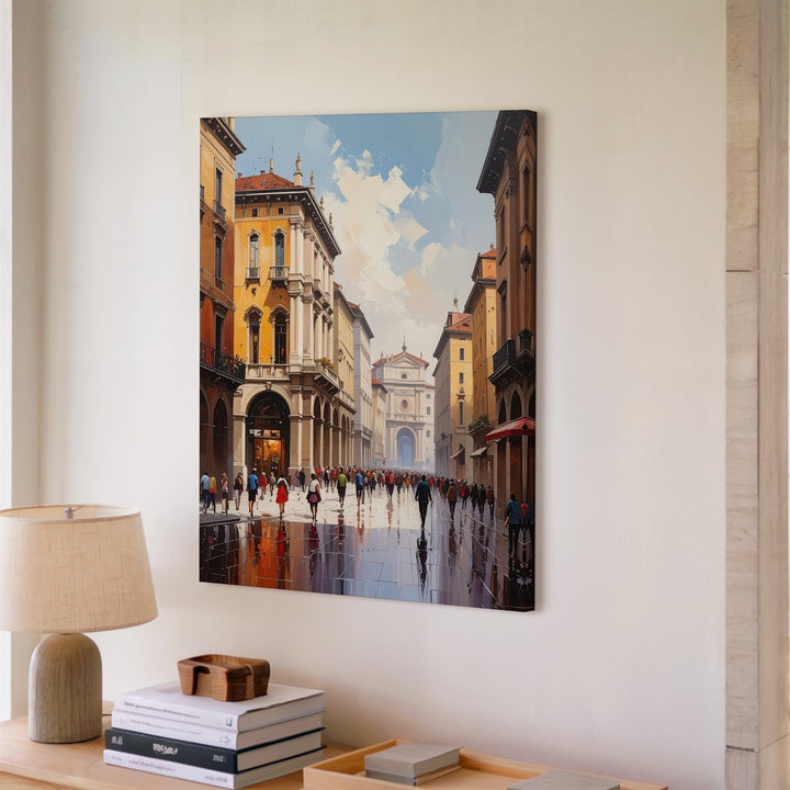 Milan City Street Canvas – Semi-Impressionist Urban Scene with Rainy Reflections - Gifitto