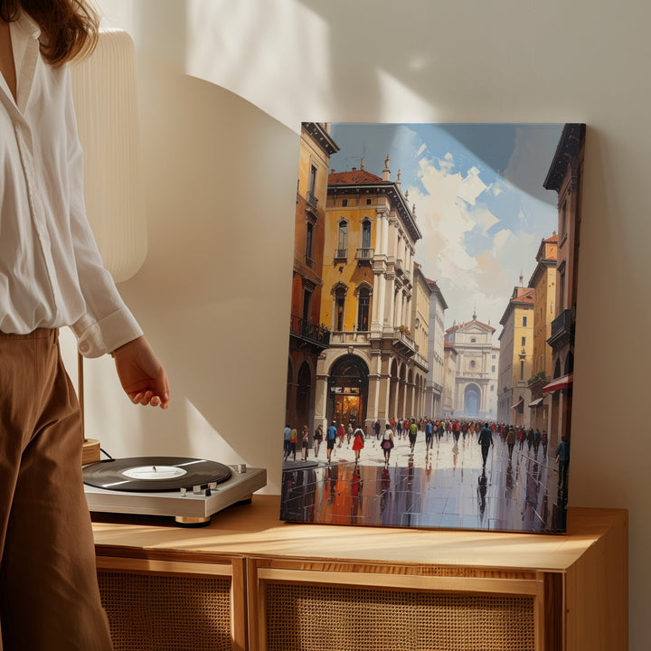 Milan City Street Canvas – Semi-Impressionist Urban Scene with Rainy Reflections - Gifitto