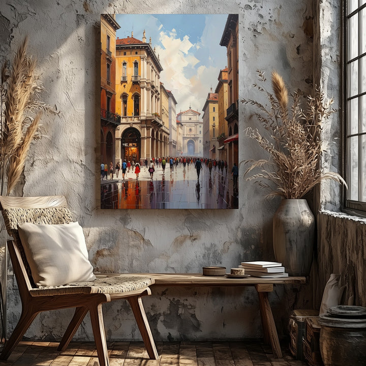 Milan City Street Canvas – Semi-Impressionist Urban Scene with Rainy Reflections - Gifitto
