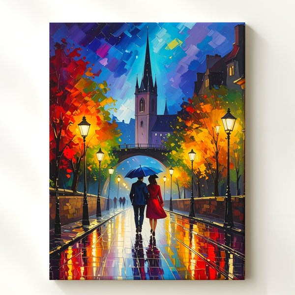 Romantic Night Walk Canvas – Impressionist Couple Under Umbrella with Glowing Streetlights - Gifitto