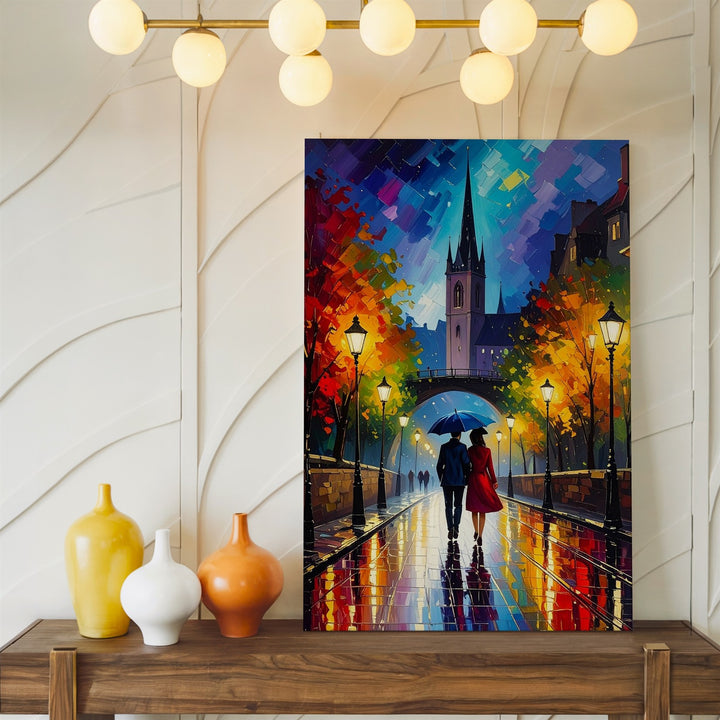 Romantic Night Walk Canvas – Impressionist Couple Under Umbrella with Glowing Streetlights - Gifitto